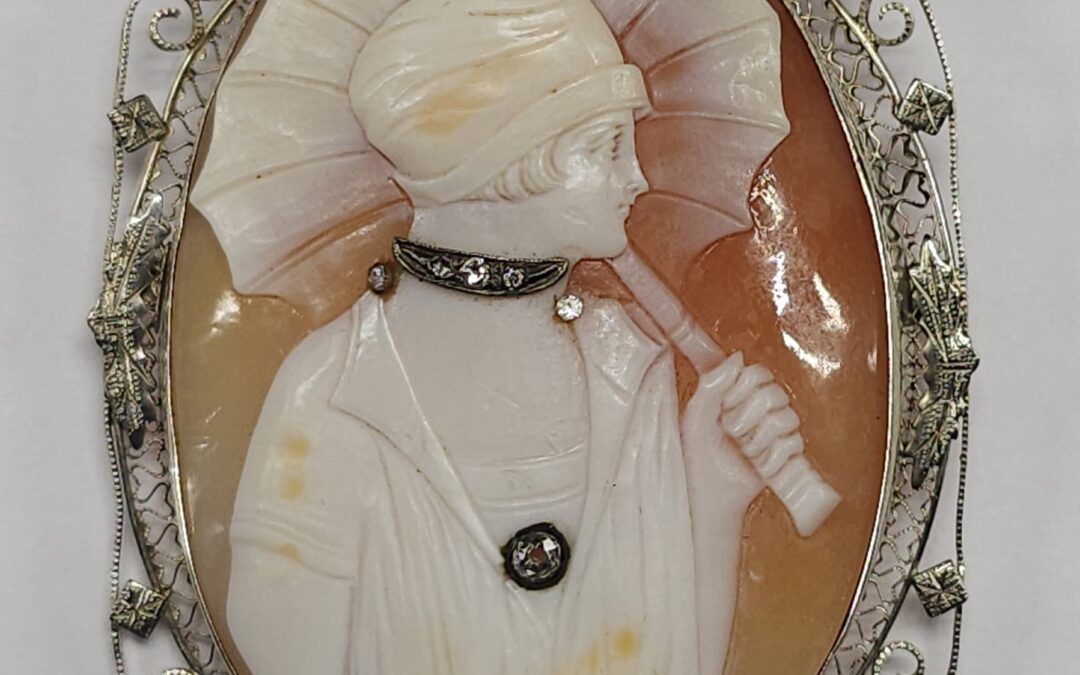 1860 14Kt Gold Jeweled Shell Carved Cameo Brooch