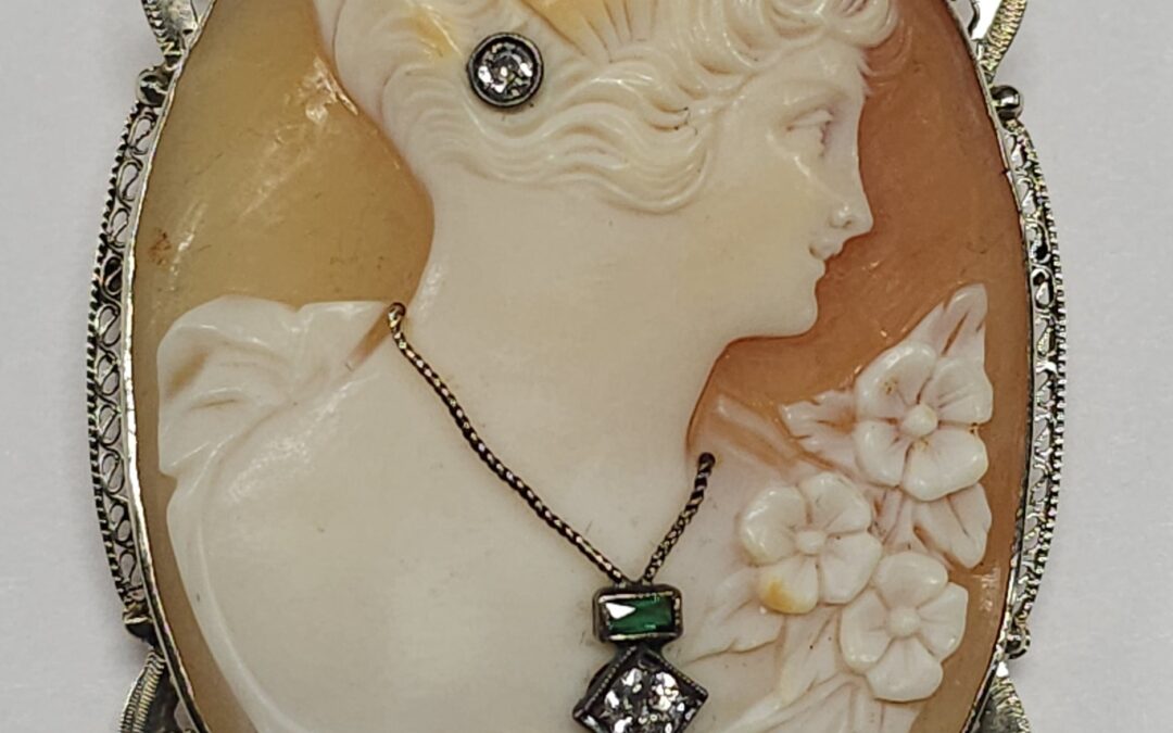 Stunning 1860s Shell Carved Brooch With Jewels